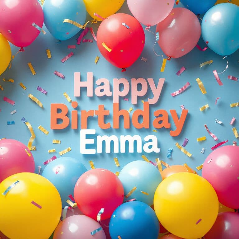 A festive birthday card with the text 'Happy Birthday Emma' surrounded by colorful balloons and confetti, bright and cheerful