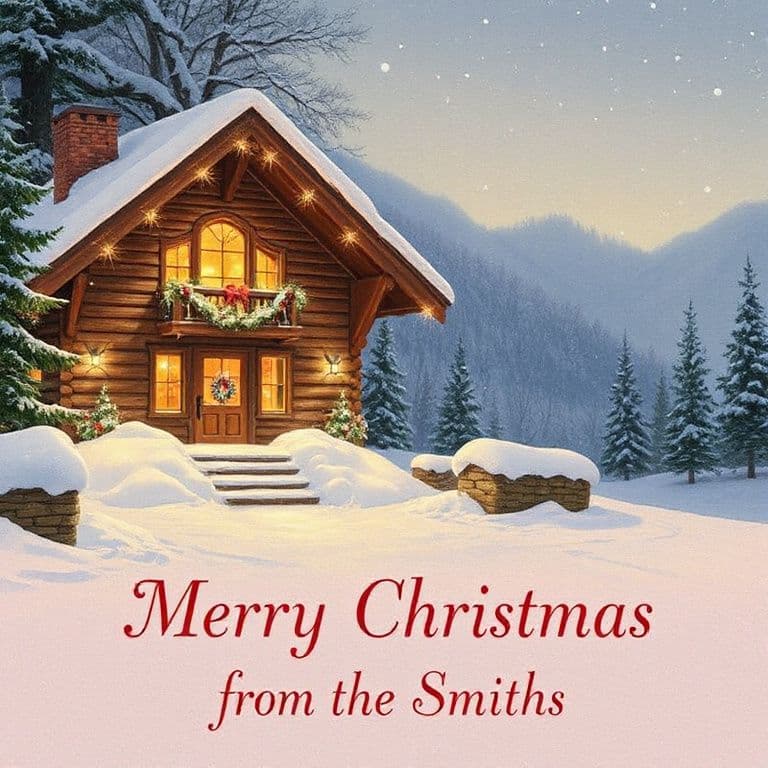 A cozy Christmas card with a snowy cabin, warm lights in the windows and the text 'Merry Christmas from the Smiths'