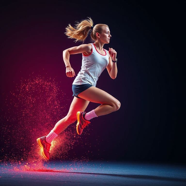 Dynamic action poster: female sprinter mid-stride, particles of neon colour exploding from her shoes, motion blur, dramatic rim light against a dark gradient backdrop