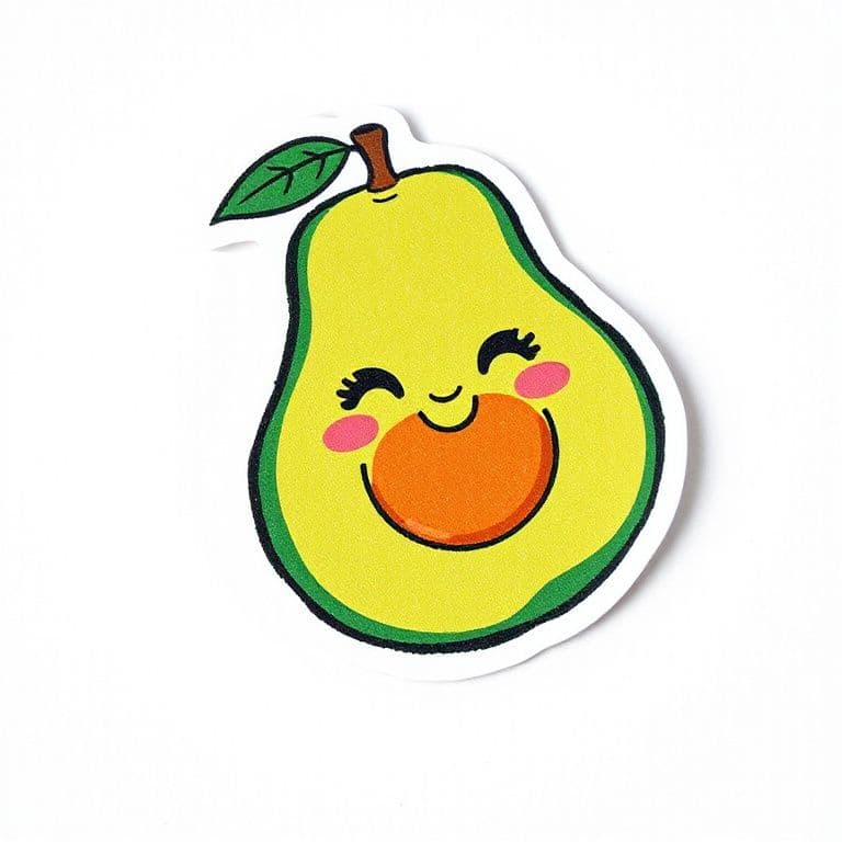 Cute and trendy sticker with colorful illustration of a smiling avocado on a white background