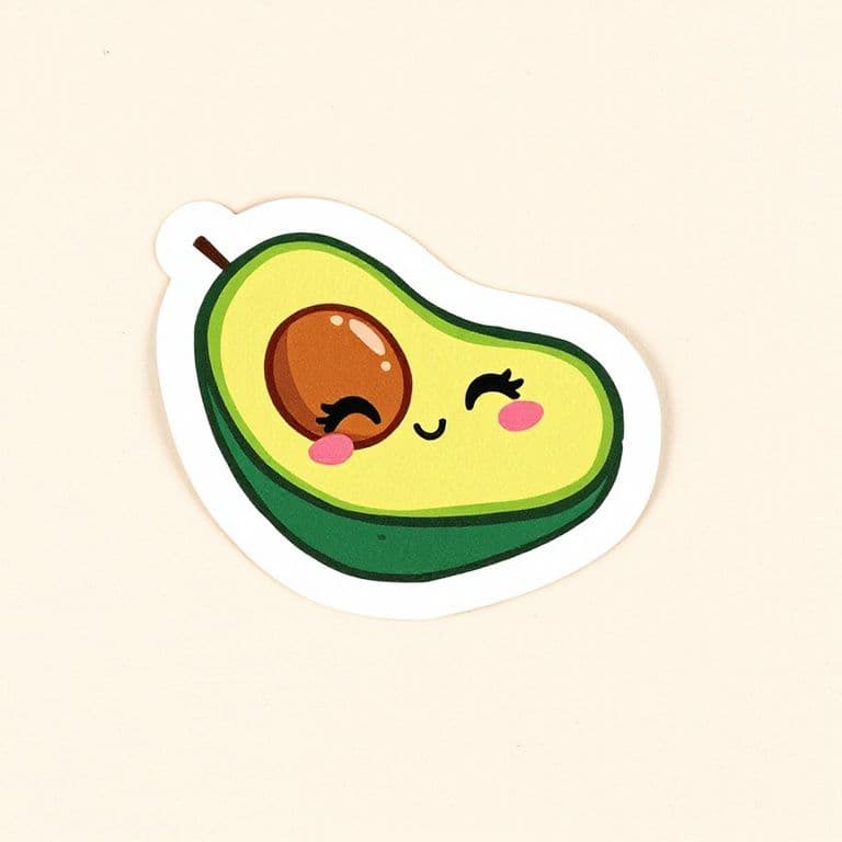 Cute and trendy sticker with colorful illustration of a smiling avocado on a white background